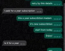 Customer WhatsApp message: paid for a year subscription