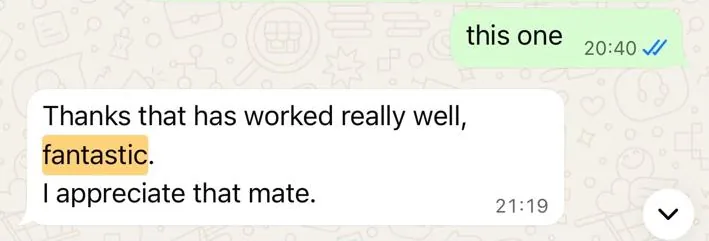 WhatsApp message from a StreamX customer: thanks, that has worked really well, fantastic