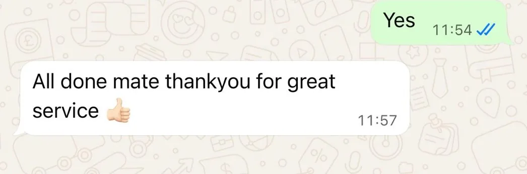 WhatsApp message from a StreamX customer: all done mate, thank you for great service