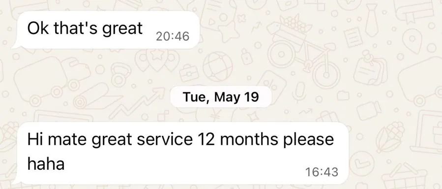 WhatsApp message from a StreamX customer renewing for 12 months: great service