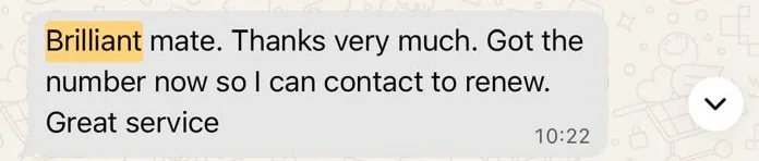 WhatsApp message from a StreamX customer: brilliant mate, great service