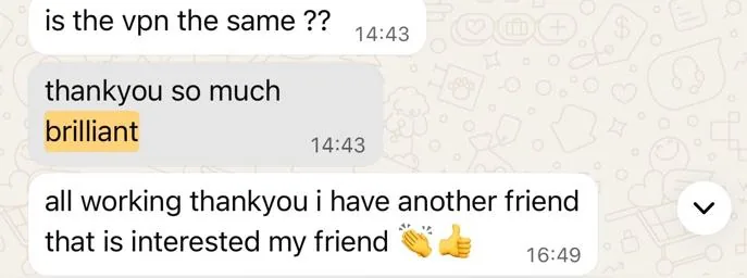 WhatsApp message from a StreamX customer: all working, recommending StreamX to a friend