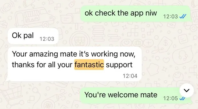 WhatsApp message from a StreamX customer: thanks for all your fantastic support