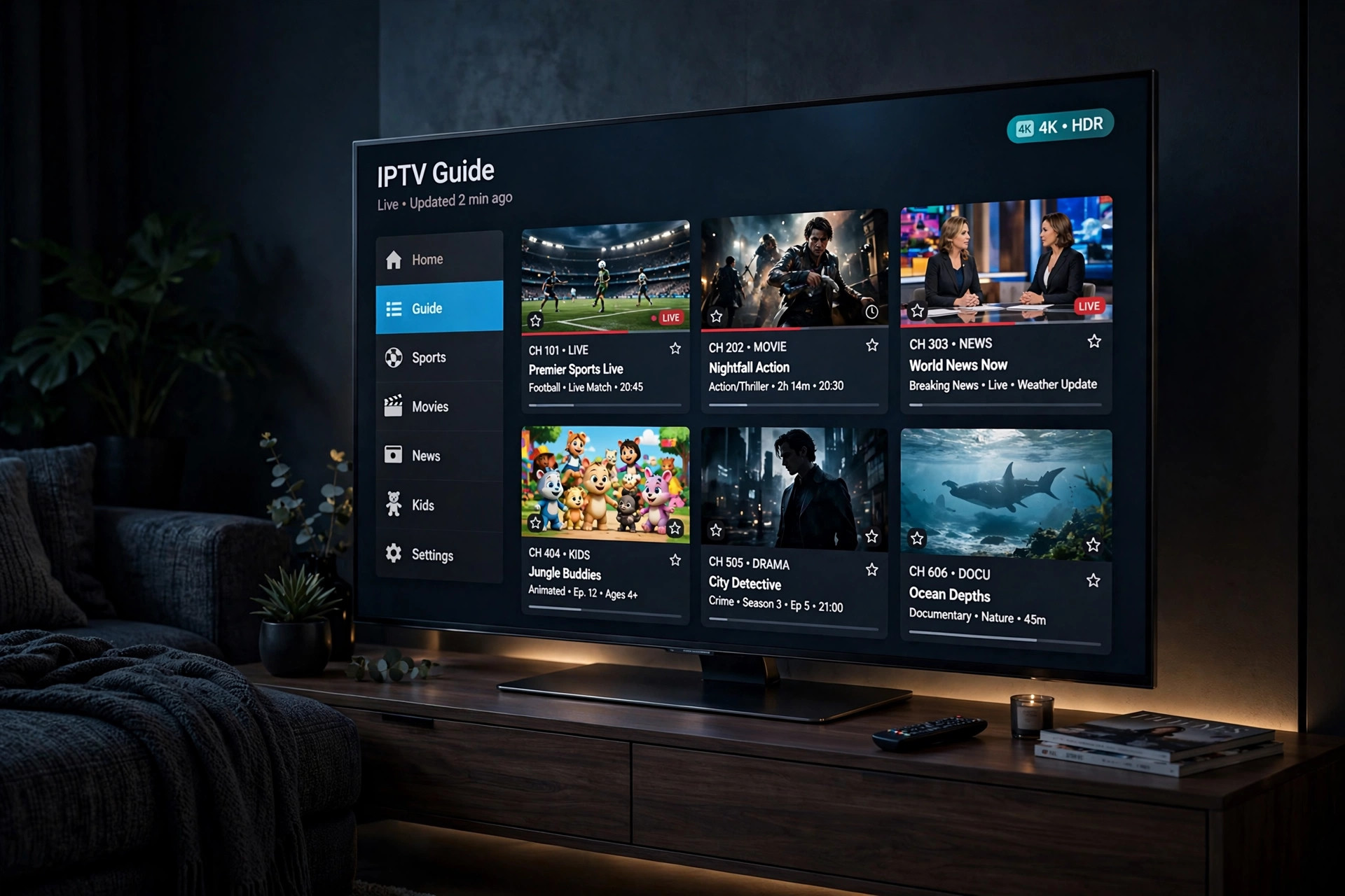 Illustration of a TV showing a sample IPTV channel guide in 4K